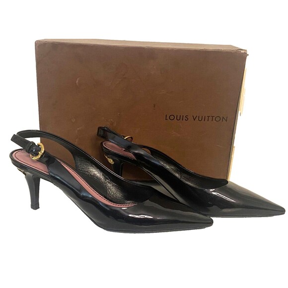 Vtg LOUIS VUITTON Patent Leather Heels 38.5 Sling Back Gold Buckle Logo w/Box - Picture 1 of 14